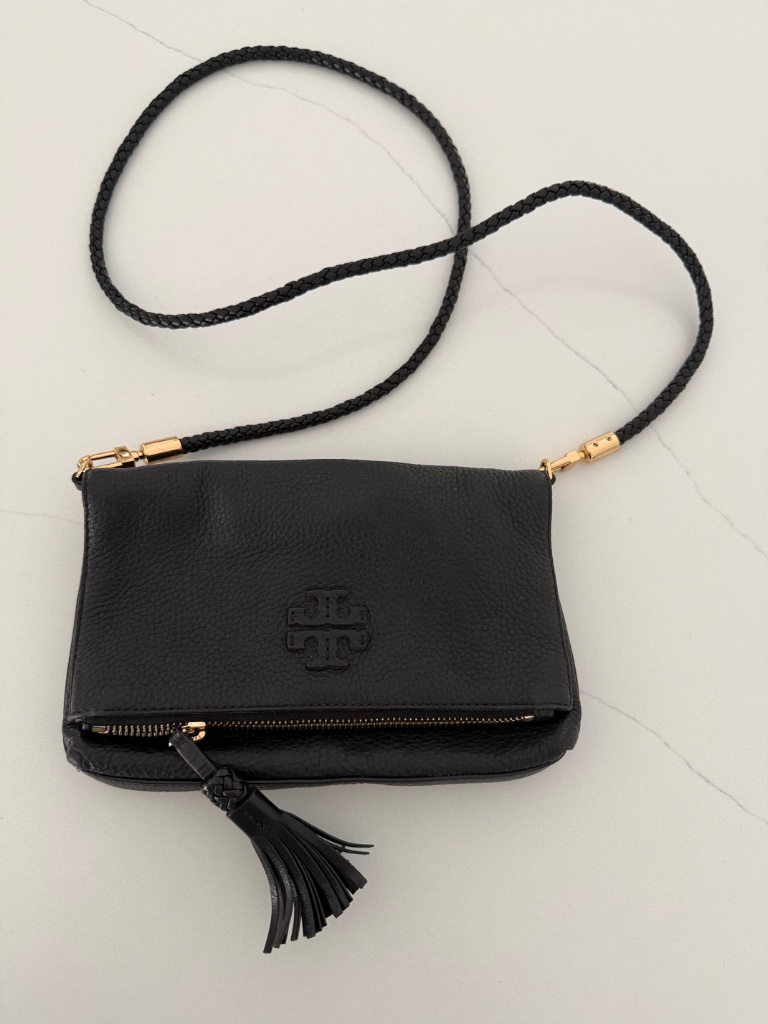 Tory Burch Pebbled Black Leather Taylor Fold Over Mini Crossbody Bag